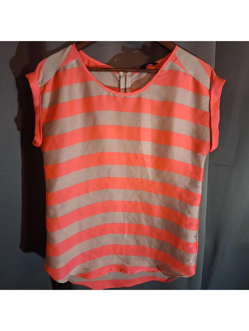 Striped Short Sleeve Blouse with Back Zipper